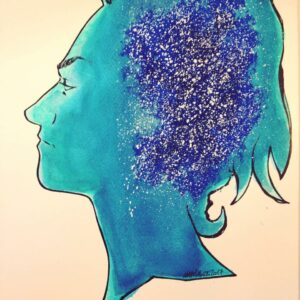Illustrazione a colori in cui mi sono disegnata di profilo, con colori azzurri e la testa piena di stelle